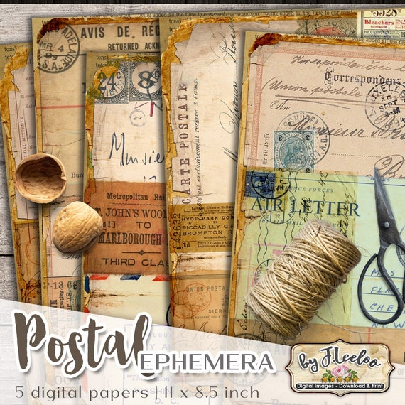 EPHEMERA POSTALE Vintage Digitale per Junk Journals Diario Grunge Digital Scrapbook  Notebook Collage Foglio Carta Vintage Download Pp548 