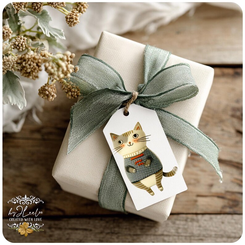 Op de afbeelding: Een ingepakt cadeau met een saliegroen lint en een label met een cartoonkat in een trui. Het cadeau is verpakt in gebroken wit papier en ligt op een houten oppervlak. Het label luidt "by Heeloo CREATED WITH LOVE".