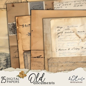 VECCHI DOCUMENTI finti documenti vintage / Pagine di diario romantico spazzatura sfondo collage di carte grunge rovinate effimere digitali / pp684