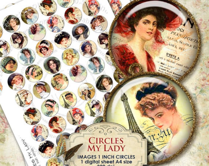 Digital collage sheet CIRCLES MY LADY 1 inch circle woman victorian france for pendant magnet and craft instant download printable tn124