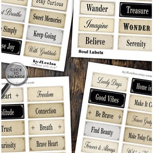 May include: Sheets of vintage-style labels with inspirational words like "Discover," "Imagine," and "Good Vibes." The labels have a cream background with black text and decorative borders. Some labels have black backgrounds.