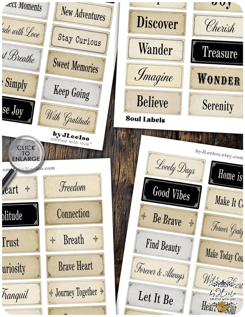 May include: Sheets of vintage-style labels with inspirational words like "Discover," "Imagine," and "Good Vibes." The labels have a cream background with black text and decorative borders. Some labels have black backgrounds.