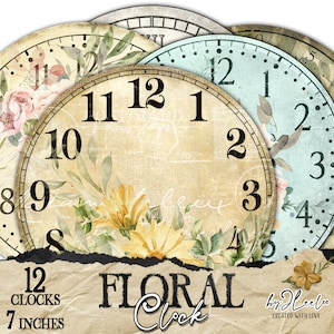 RELÓGIO FLORAL 7 polegadas círculo relógios imprimíveis faces | jpeg clipart decoração vintage para casa | diy paper crafting download colagem digital | tn821