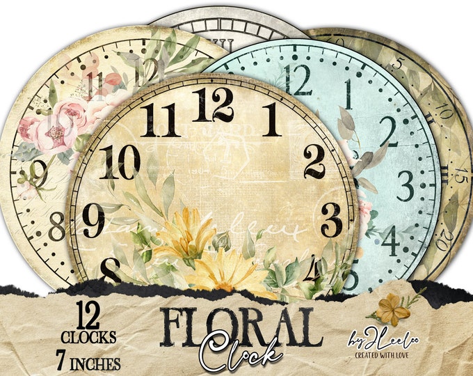 FLORAL CLOCK 7 inch circle printable clock faces | jpeg clipart vintage home decor | diy paper crafting download digital collage | tn821