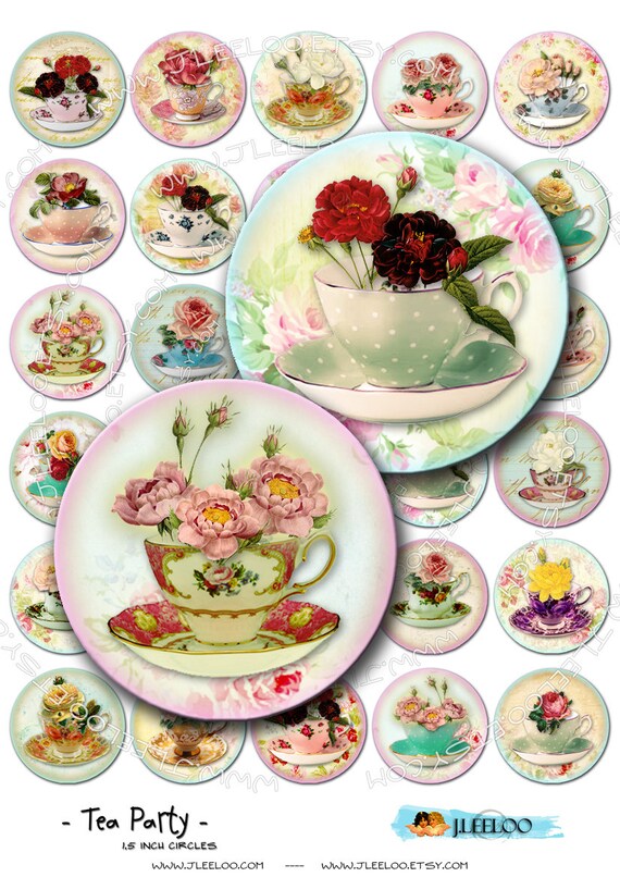 Digital collage TEA PARTY 1.5 inch circle drink tea cup rose romantic flowers magnet stickers pendant instant download printable tn162