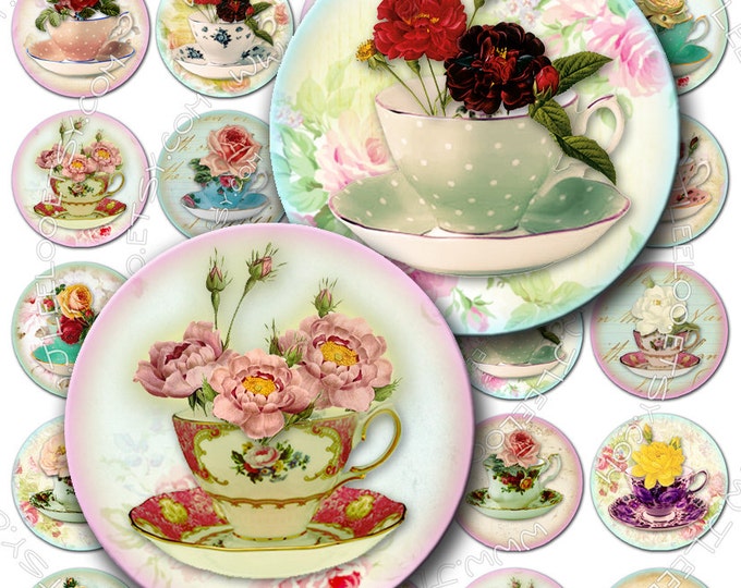 Digital collage TEA PARTY 1.5 inch circle drink tea cup rose romantic flowers magnet stickers pendant instant download printable tn162