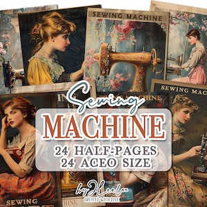MÁQUINA DE COSER media página imprimible ACEO / Póster vintage junk journal Suministros de técnica mixta / Collage de tarjetas de papel digitales postales / pp741