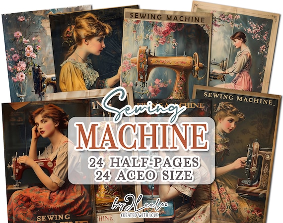 SEWING MACHINE half pages printable ACEO | Poster vintage junk journal Mixed Media supplies | Digital paper card collage postcard  | pp741