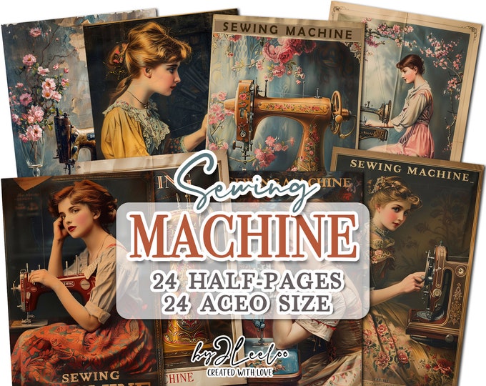 SEWING MACHINE half pages printable ACEO | Poster vintage junk journal Mixed Media supplies | Digital paper card collage postcard  | pp741