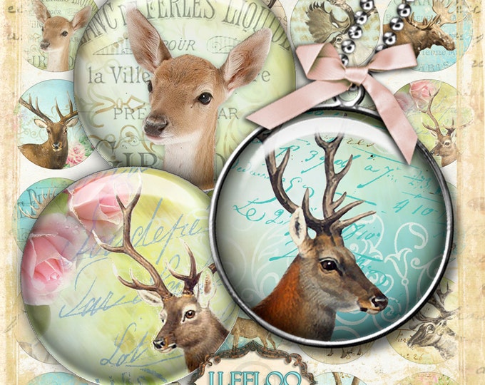 Digital printable HORNS 1.5 inch circle sheets deer moose digital images paper goods chic vintage pendant craft instant download tn430