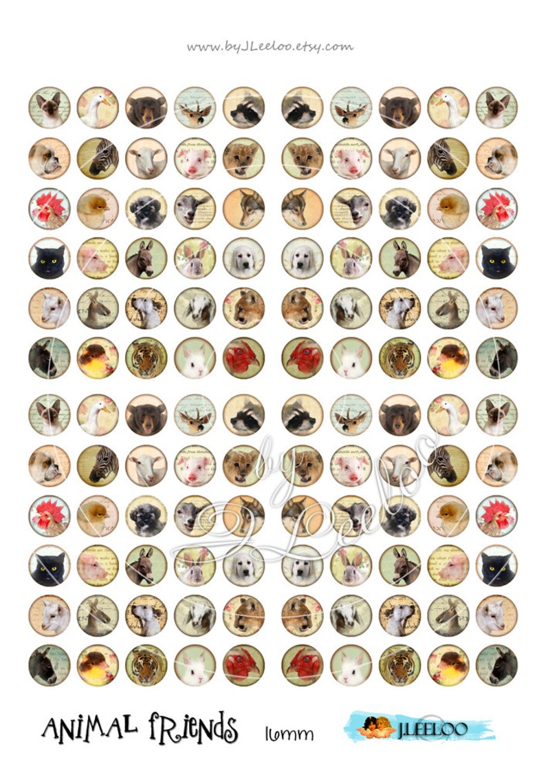 ANIMAL FRIENDS images Digital printable 12 16 20mm circle | Etsy