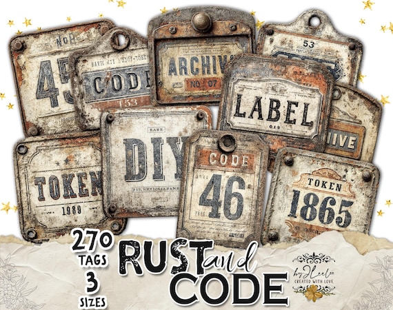 RUST and CODE – 90 Industrial Vintage Tags | Printable Metal Labels & Typographic Plates for Junk Journals, Scrapbooks,  Crafts, CU | tl356