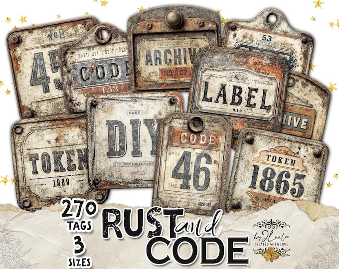 RUST and CODE – 90 Industrial Vintage Tags | Printable Metal Labels & Typographic Plates for Junk Journals, Scrapbooks,  Crafts, CU | tl356
