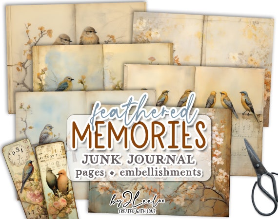 FEATHERED MEMORIES junk journal printable | half pages tag Mixed Media supplies | Birds hand-drawn vintage card making collage diary | pp680