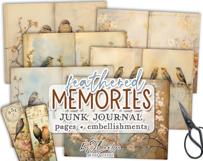 FEATHERED MEMORIES junk journal printable | half pages tag Mixed Media supplies | Birds hand-drawn vintage card making collage diary | pp680