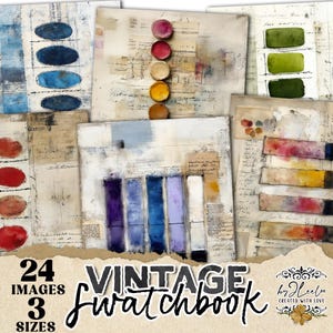 May include: A collection of vintage-style swatches with abstract watercolor designs. The swatches feature various colors, including blues, greens, reds, and yellows, with a textured, aged paper background. Text on the image reads "24 Images, 3 Sizes, Vintage Swatchbook".