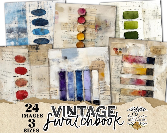 VINTAGE SWATCHBOOK 24 Digital Papers with Color Swatches, Ephemera Collage Backgrounds for Junk Journals & Scrapbooking Ptrintable | pp976