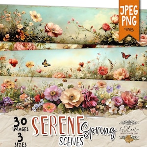 Envoltorio de ESCENAS DE PRIMAVERA serenas, 3 tamaños, PNG y Jpeg, marcapáginas de flores, decoración, regalo, papel artesanal, etiqueta, imprimible, diario basura, pp912