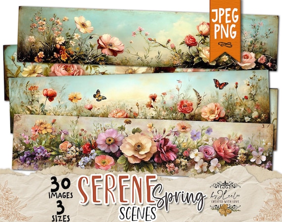 Serene SPRING SCENES Wrapper 3 sizes | PNG and Jpeg flower bookmarks decor gift Craft Paper | Label Tag printable Junk Journal | pp912