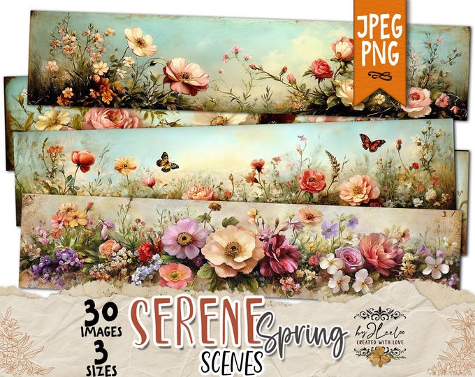 Serene SPRING SCENES Wrapper 3 sizes | PNG and Jpeg flower bookmarks decor gift Craft Paper | Label Tag printable Junk Journal | pp912