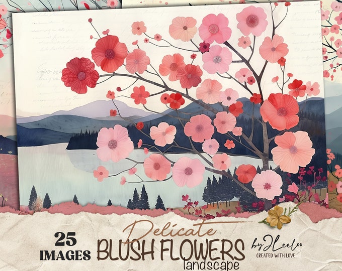 DELICATE BLUSH FLOWERS vintage pages collage | Old botanical paper junk journal diary card hand drawn landscape digital watercolor | pp821