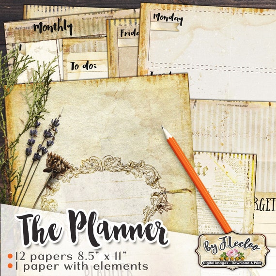 THE PLANNER large 8.5x11 inch junk journal steampunk diary distressed organaizer grunge papers week monthly pp571