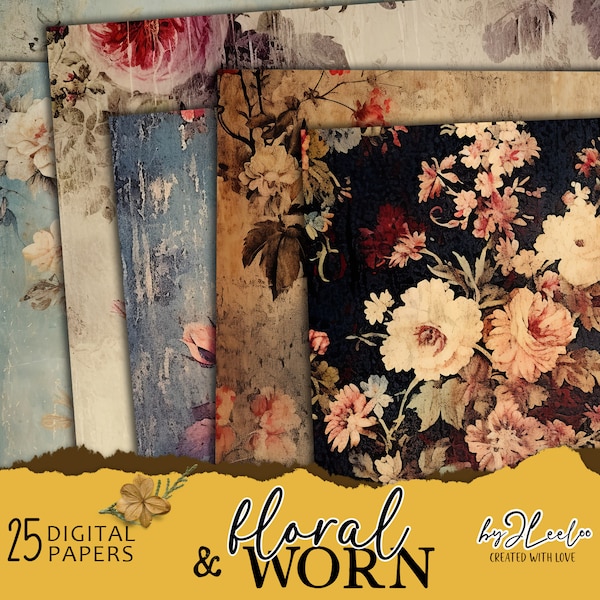 FLORAL & WORN vintage papers | Old painting vintage floral pattern background Distressed | tapestry texture collage digital poster | pp751