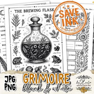 May include: Black and white grimoire pages featuring a brewing flask, herbs, and frogs. Text includes "The Brewing Flask," "Save Ink," and "Grimoire black & white." The pages are designed to be print-friendly.