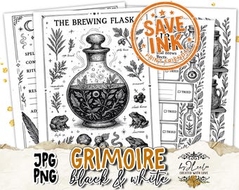 GRIMORIE – Black & White Journal Pages | 26 Mystical Sheets + Transparent PNGs | Ink-Saving Stamp Vintage Witchcraft Ephemera | pp972