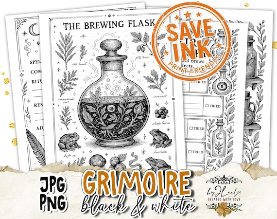 GRIMORIE – Black & White Journal Pages | 26 Mystical Sheets + Transparent PNGs | Ink-Saving Stamp Vintage Witchcraft Ephemera | pp972