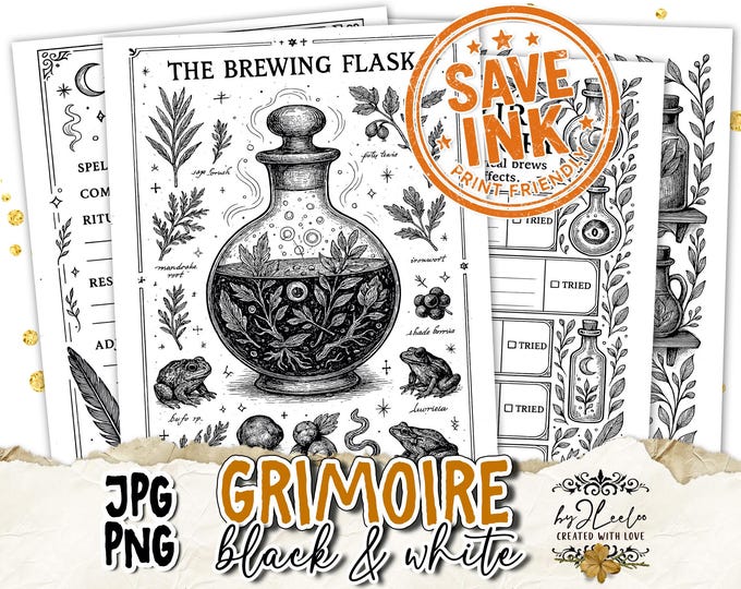 GRIMORIE – Black & White Journal Pages | 26 Mystical Sheets + Transparent PNGs | Ink-Saving Stamp Vintage Witchcraft Ephemera | pp972