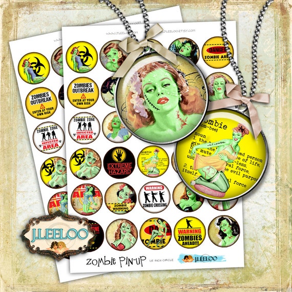 Digital collage sheets ZOMBIE PIN UP 1.5 inch circle hang tags stickers pendant walking dead glass pendants instant download tn439