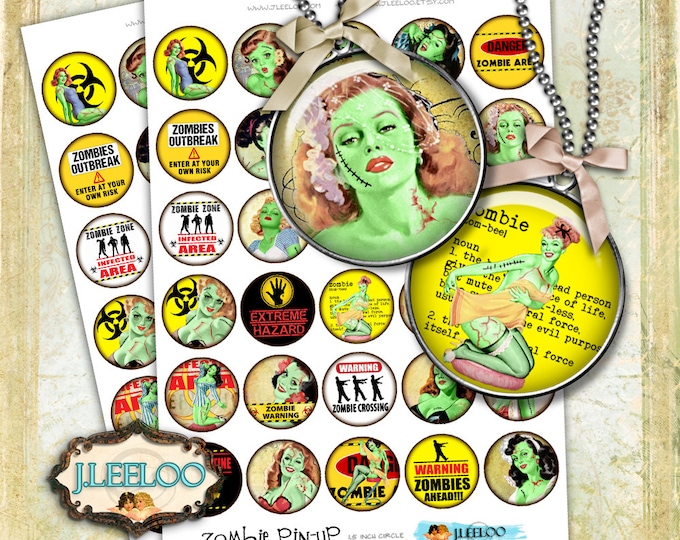 Digital collage sheets ZOMBIE PIN UP 1.5 inch circle hang tags stickers pendant walking dead glass pendants instant download tn439