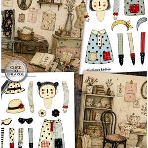 Puede incluir: Un collage de ilustraciones y elementos decorativos con est&eacute;tica vintage. Incluye una mu&ntilde;eca, una falda, un bolso tote y otros accesorios. El texto "Curious Ladies" es visible.