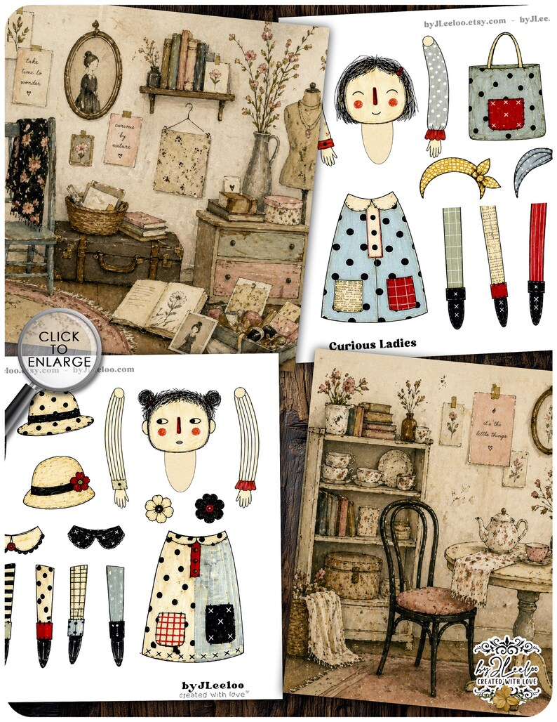 Puede incluir: Un collage de ilustraciones y elementos decorativos con est&eacute;tica vintage. Incluye una mu&ntilde;eca, una falda, un bolso tote y otros accesorios. El texto "Curious Ladies" es visible.