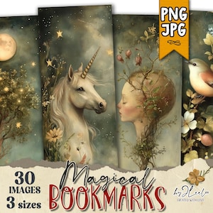 MAGISCHE LESEZEICHEN 3 Größen PNG Jpeg | Romantische Illustration für Buchanhänger | Junk Journal Papier, Scrapbooking Papier | bm124