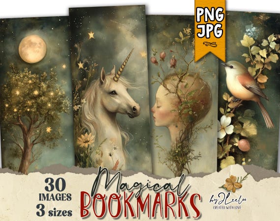 MAGICAL BOOKMARKS 3 sizes PNG Jpeg | Romantic illustration for book tag label printable | Junk Journal digital whimsy scrapbooking | bm124