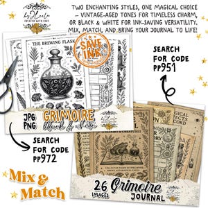 May include: A collection of grimoire journal images in vintage-aged tones and black & white. The images include illustrations of potions, frogs, and botanical elements. Search for codes PP951 and PP972.
