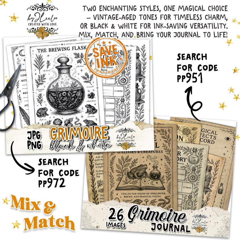 May include: A collection of grimoire journal images in vintage-aged tones and black & white. The images include illustrations of potions, frogs, and botanical elements. Search for codes PP951 and PP972.