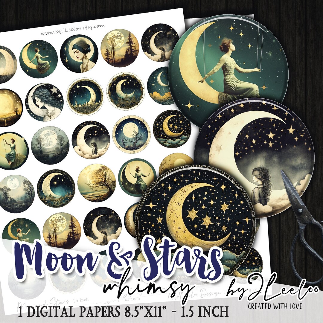 MOON and STARS 1.5 Inch Circle | Printable Bottle Caps Stickers for ...