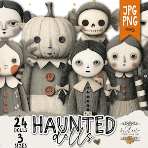 The HAUNTED DOLLS - PNG Printable Paper Dolls Junk Journal Ephemera | Halloween Scrapbooking Vintage Clipart Fussy Cut for Cricut | pp955