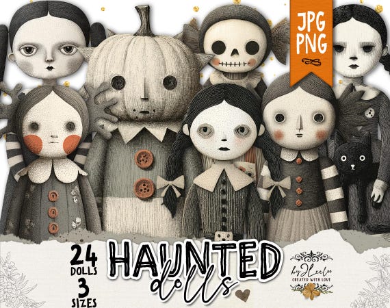 The HAUNTED DOLLS - PNG Printable Paper Dolls Junk Journal Ephemera | Halloween Scrapbooking Vintage Clipart Fussy Cut for Cricut | pp955