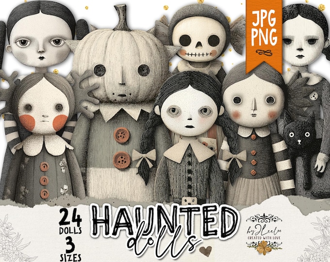 The HAUNTED DOLLS - PNG Printable Paper Dolls Junk Journal Ephemera | Halloween Scrapbooking Vintage Clipart Fussy Cut for Cricut | pp955