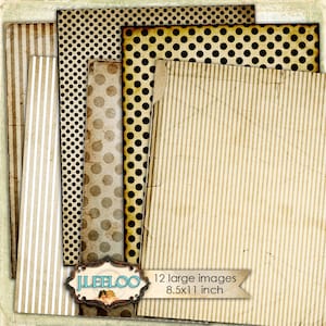 Peut inclure: Douze textures de papier numérique dans un collage. Les papiers présentent différents motifs, notamment des pois, des rayures et une couleur unie. Les papiers sont tous dans des tons de brun et de blanc. Le texte "J.LEELOO 12 grandes images 8,5x11 pouces" est en bas du collage.