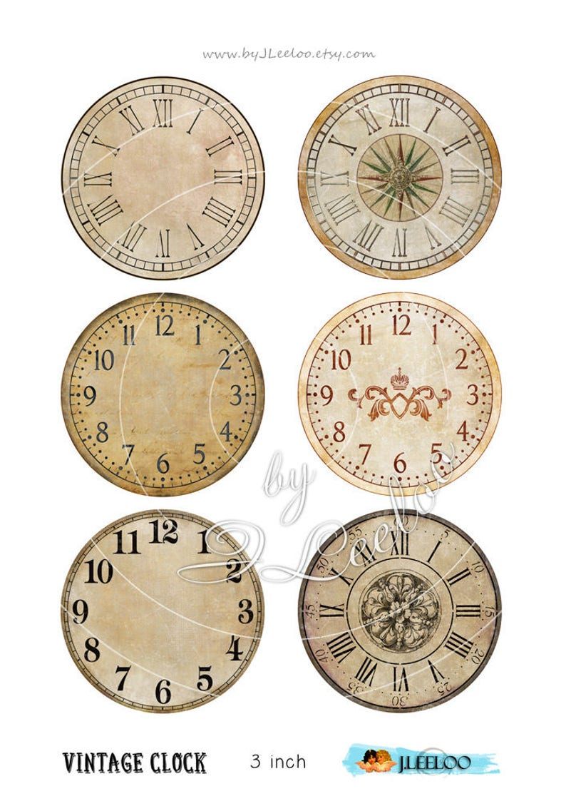 Three Inch Clock VINTAGE CLOCK 3 Inch 3,5 Inch Circle Printable Clock Faces Grunge Dirty ...