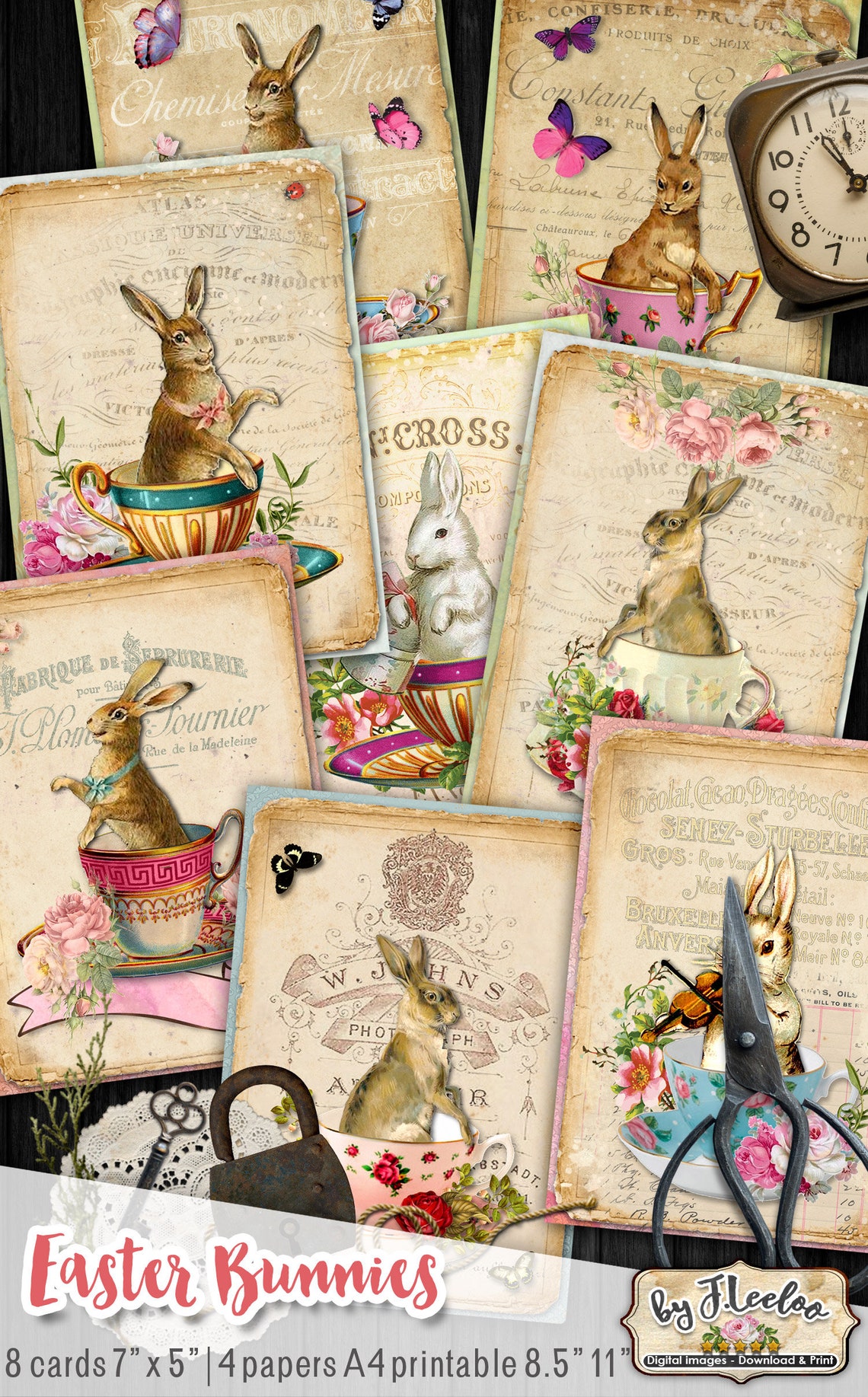 EASTER BUNNIES Printable Rabbit Postcards 5x7 Inch Digital Sheet ...