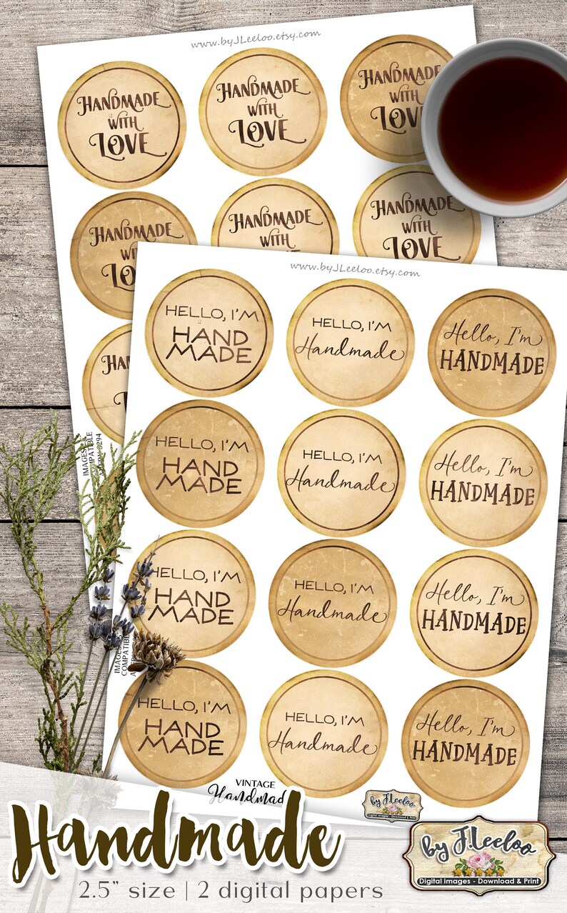 K&ouml;nnte beinhalten: Zw&ouml;lf runde, bedruckbare Papieretiketten mit einem Vintage-Look im Used-Look. Die Etiketten zeigen verschiedene S&auml;tze zu handgefertigten Waren, wie "Handgefertigt mit Liebe" und "Hallo, ich bin handgefertigt".