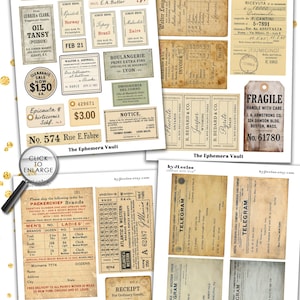 May include: A selection of vintage ephemera, including receipts, labels, and telegrams, with text such as "Buprestis," "Telegram," and "Invoice." The papers have a sepia tone, and the image includes the text "90 Images" and "12 Digital Papers."