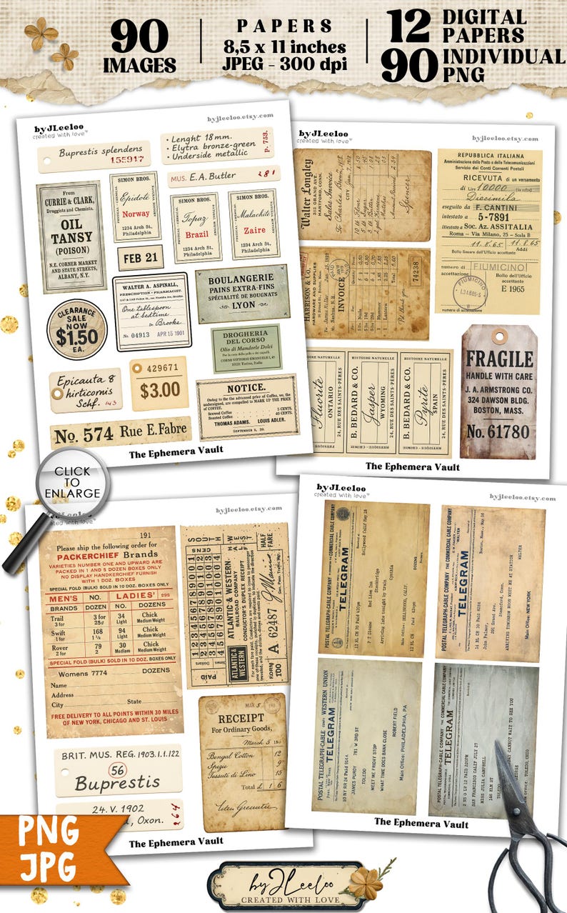 May include: A selection of vintage ephemera, including receipts, labels, and telegrams, with text such as "Buprestis," "Telegram," and "Invoice." The papers have a sepia tone, and the image includes the text "90 Images" and "12 Digital Papers."