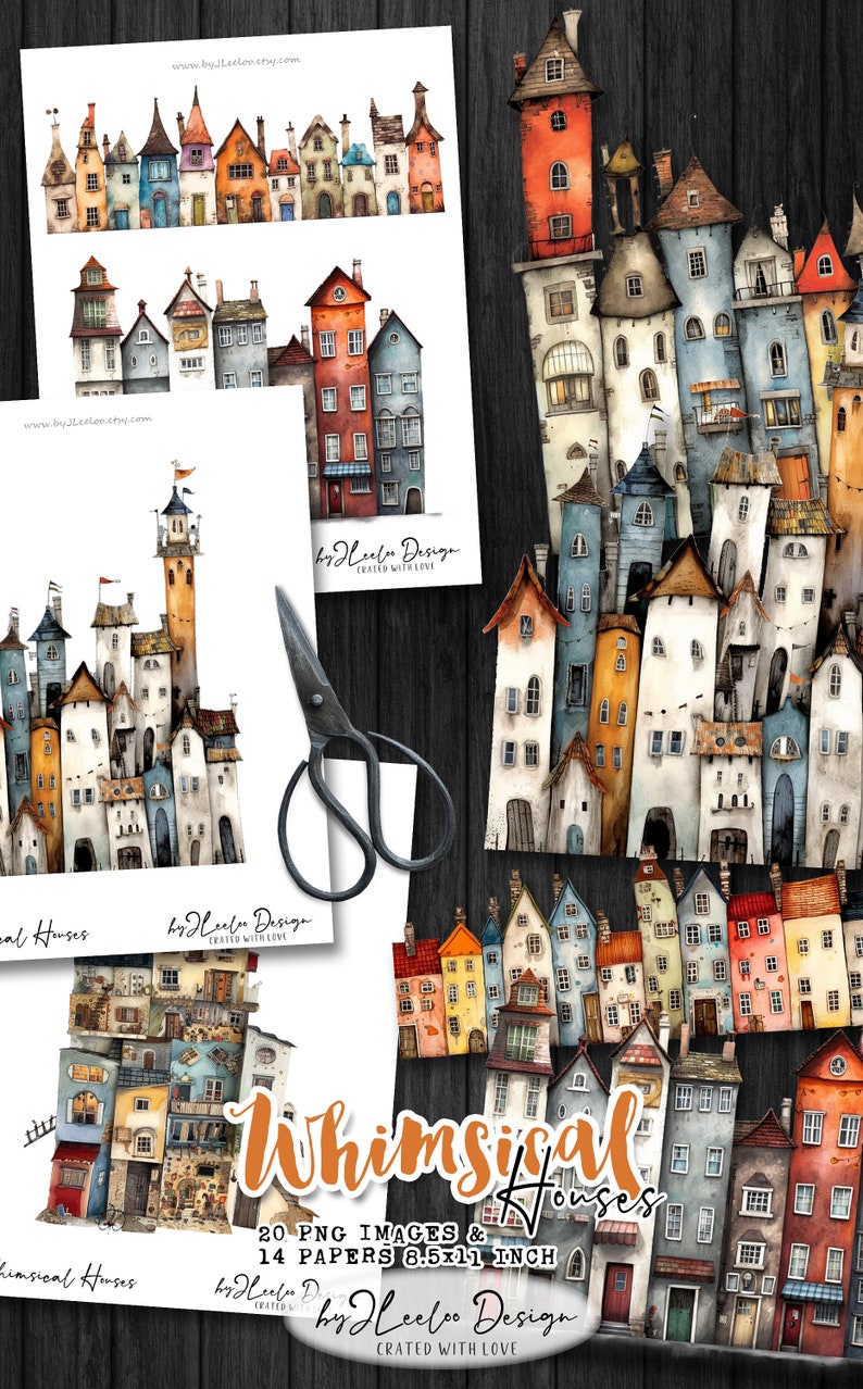 WHIMSICAL HOUSES PNG Clipart Papier Bastelbedarf junk journal elements vintage skurrile Mixed Media Printable kommerzielle Nutzung cl147 Bild 7